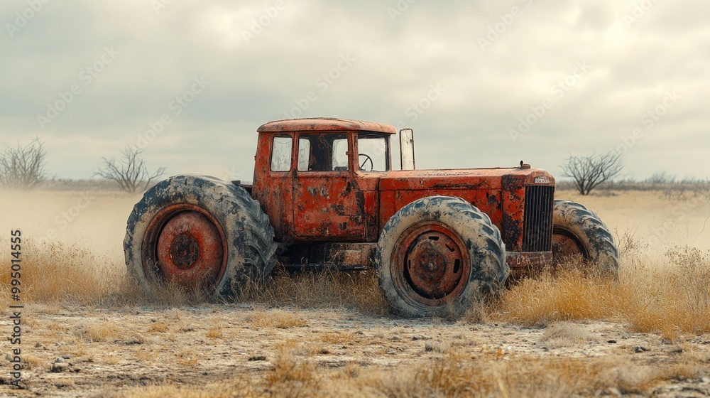 An old red tractor sits in a dusty field surrounded by dry grass. An old red tractor sits in a dusty field surrounded by dry grass.