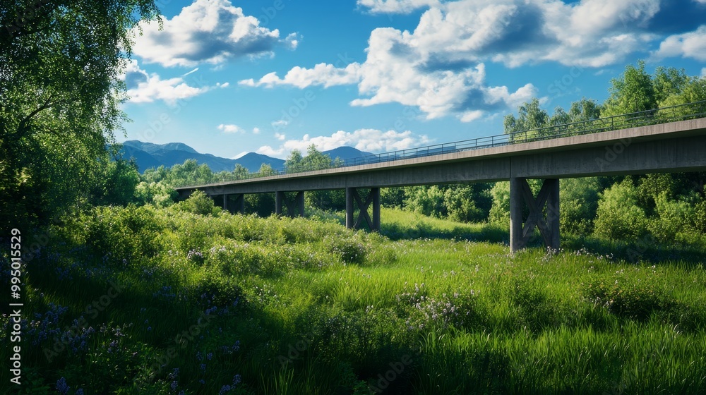 Fototapeta premium A picturesque concrete overpass bridge stretches across a verdant valley, showcasing the beauty of nature and infrastructure harmony.