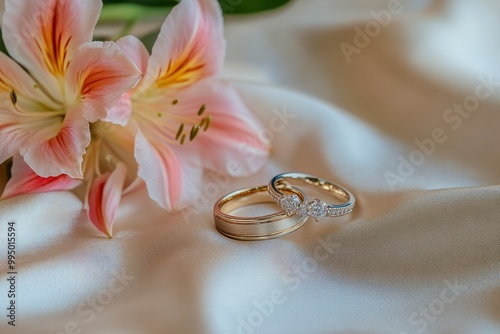 Two gold engagement rings and pink astromeria flower on a beige satin background. Wedding background. generative ai photo