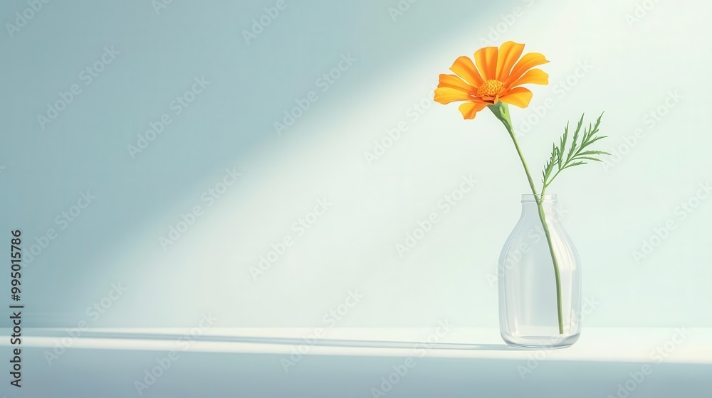 A single marigold in a glass vase, surrounded by sunlight and soft reflections, representing purity and freshness, marigold flower, minimalist design A single marigold in a glass vase, surrounded by sunlight and soft reflections, representing purity and freshness, marigold flower, minimalist design