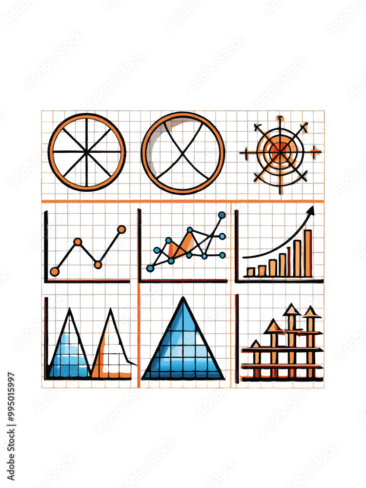 A set of hand-drawn graphs on graph paper, including line graphs, bar ...