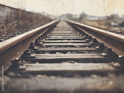 A long, deserted railway track stretches into the distance, portrayed in a nostalgic style with a faded overlay and light leaks, evoking a sense of mystery and time