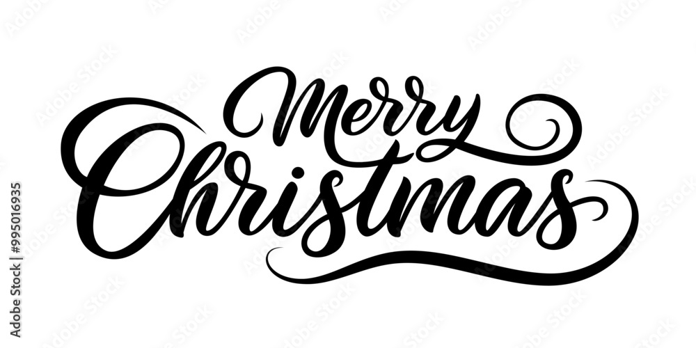 Naklejka premium Elegant merry christmas calligraphy, festive black script text on white background, holiday greeting, perfect for invitations, cards, banners, marketing designs