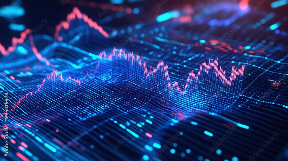 Abstract digital technology background with glowing lines and data visualizations in blue and neon pink.