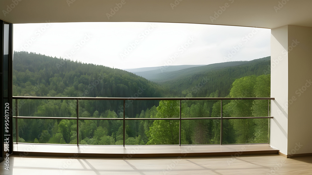 Fototapeta premium Hotel balcony room with panoramic windows, overlooking a serene forest landscape. Bright and spacious terrace with natural sunlight.