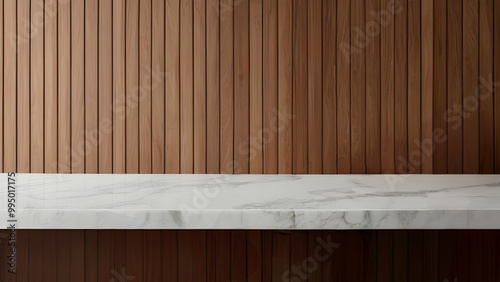 Elegant white marble countertop in a kitchen setting with wooden slats on background. for showcasiing products.