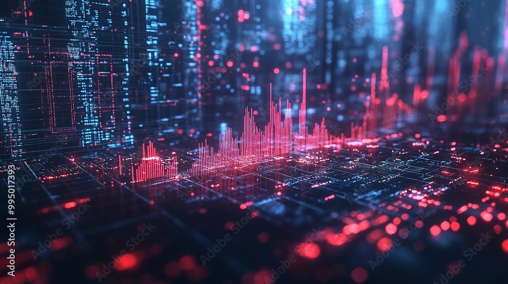 Abstract digital visualization of data analysis with vibrant glowing peaks and valleys illustrating statistics and trends. Abstract digital visualization of data analysis with vibrant glowing peaks and valleys illustrating statistics and trends.