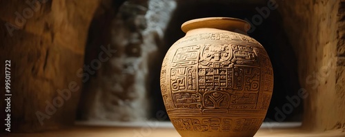 Mayan ancient jar with intricate calendar, in a darkened chamber
