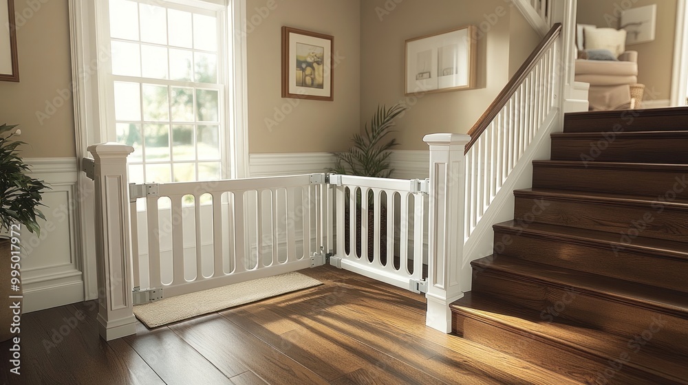 Fototapeta premium A child safety gate at the bottom of a staircase in a home.