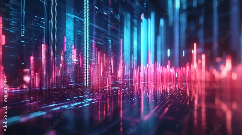 Abstract digital visualization with vibrant pink and blue graphs representing data trends in a high-tech environment. Abstract digital visualization with vibrant pink and blue graphs representing data trends in a high-tech environment.