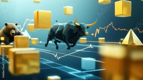 Dynamic stock market concept featuring a bull and bear amidst rising graphs and golden cubes, symbolizing market trends.