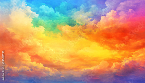 A dreamy sky transitioning from a golden sunset to a full spectrum of rainbow colors, giving off a vibrant yet calming feel