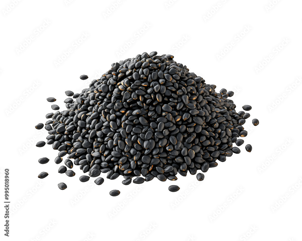 A pile of Black Sesame Seeds on a white and transparent background A pile of Black Sesame Seeds on a white and transparent background