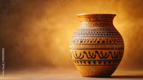 Mesopotamian ancient jar with bull-headed lyre designs, bathed in warm light