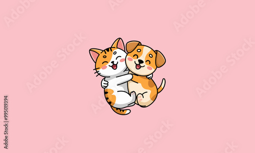 Cat and dog happily hugging each other with smiles