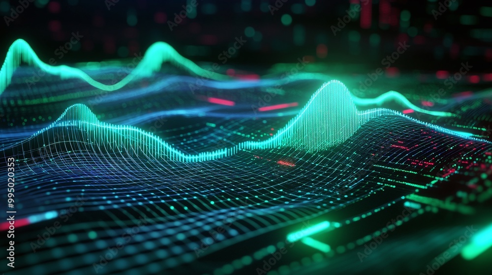 Abstract digital waveforms visualizing sound frequencies on a colorful ...