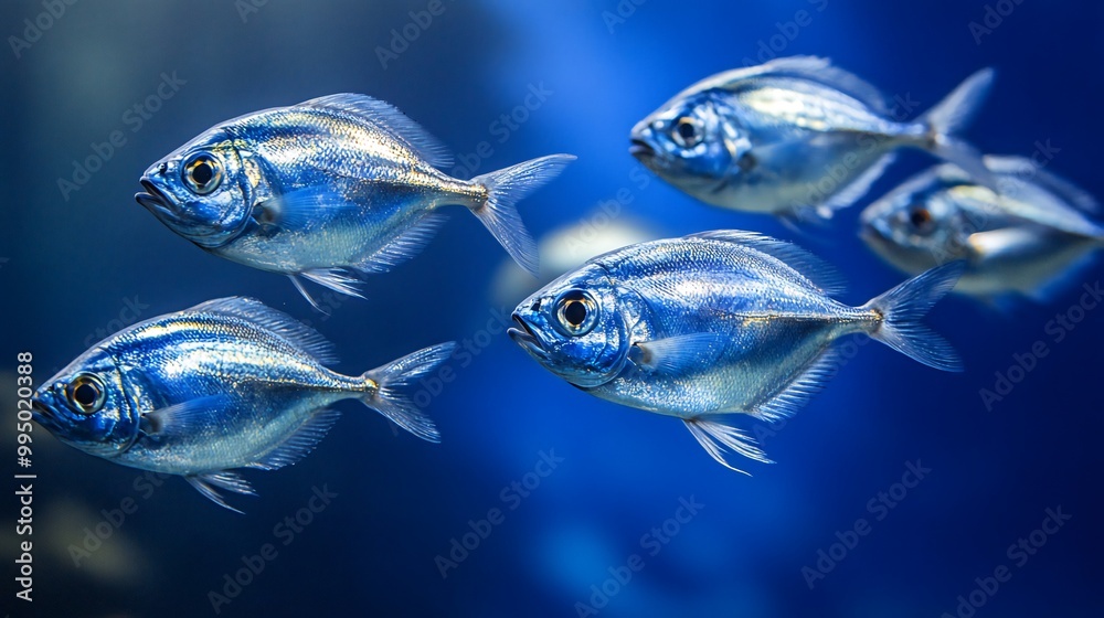 Fototapeta premium A group of five silver fish swim together in a blue tank.