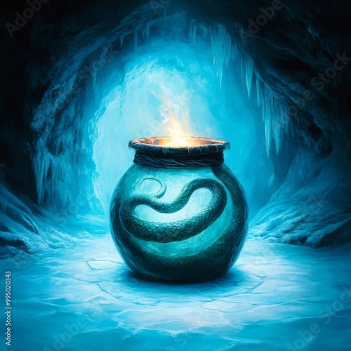 Norse ancient jar with Jormungandr serpent, in an icy cave photo