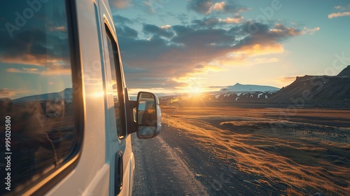 Beautiful Iceland Sunset: Tourists in Rental Camper Van Traveling Through Mountains and Nature