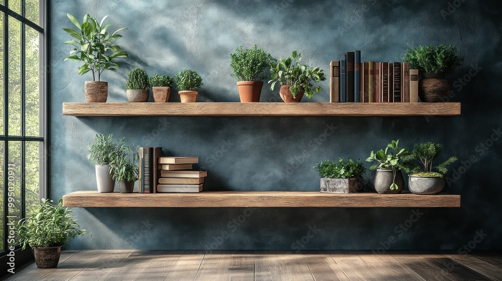 Shelves adorned with various plants and books in a cozy setting. Shelves adorned with various plants and books in a cozy setting.