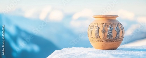 Norse ancient jar with Valkyrie engravings, placed on a snowy mountain ledge