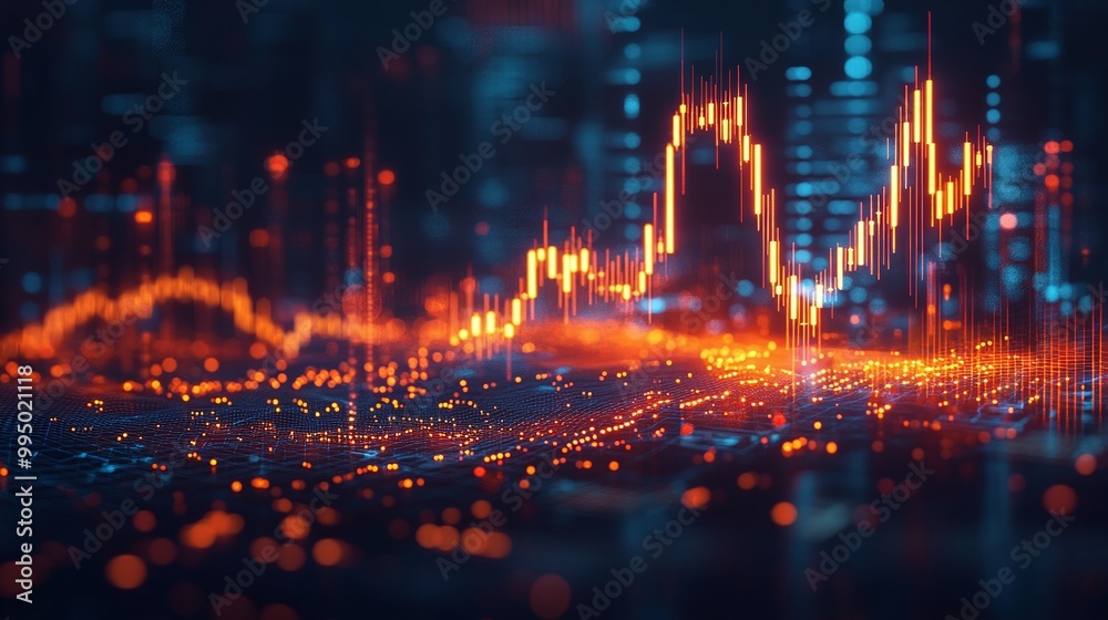 Fototapeta premium Abstract financial chart with glowing orange and blue lines representing data trends on a dark background.