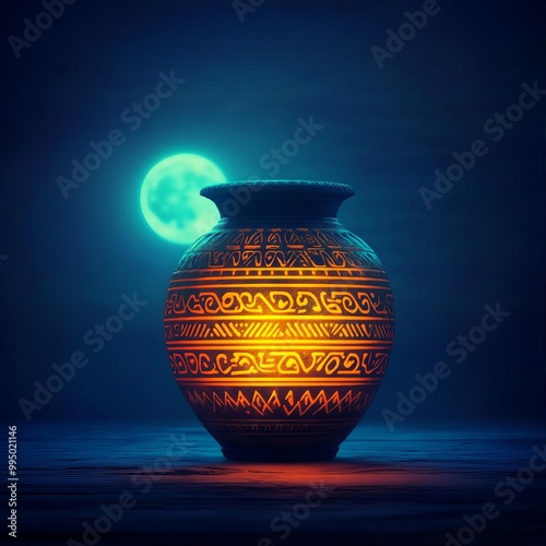 Ornate ancient jar with intricate carvings, glowing under moonlight, ancient civilization artifact, mysterious, relic history