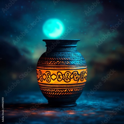 Ornate ancient jar with intricate carvings, glowing under moonlight, ancient civilization artifact, mysterious, relic history