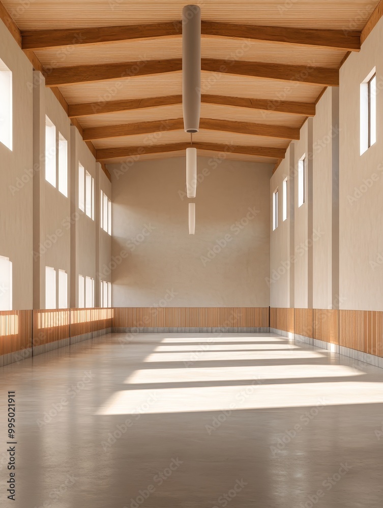Obraz premium A spacious and modern livestock facility interior with natural light streaming in through windows, showcasing a clean and functional design. The high ceilings, wooden beams, and minimalist aesthetic c