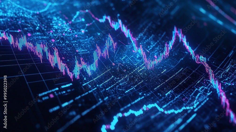 Abstract financial graph showcasing dynamic stock market trends with vibrant neon colors. Abstract financial graph showcasing dynamic stock market trends with vibrant neon colors.