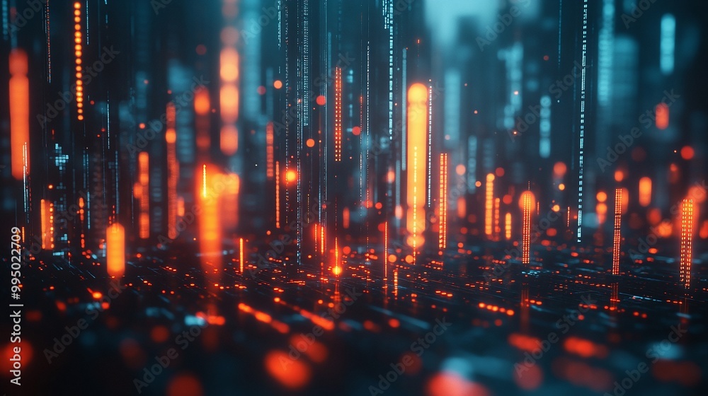 Abstract futuristic cityscape with glowing data streams in blue and orange hues. Abstract futuristic cityscape with glowing data streams in blue and orange hues.
