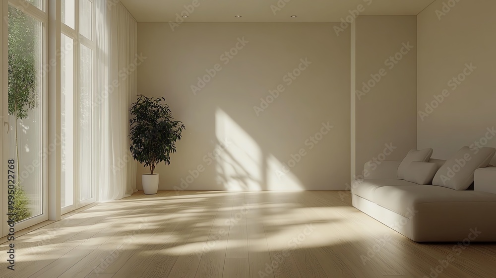Fototapeta premium Bright, spacious living room with sunlight, plant, and soft couch, inviting ambiance.