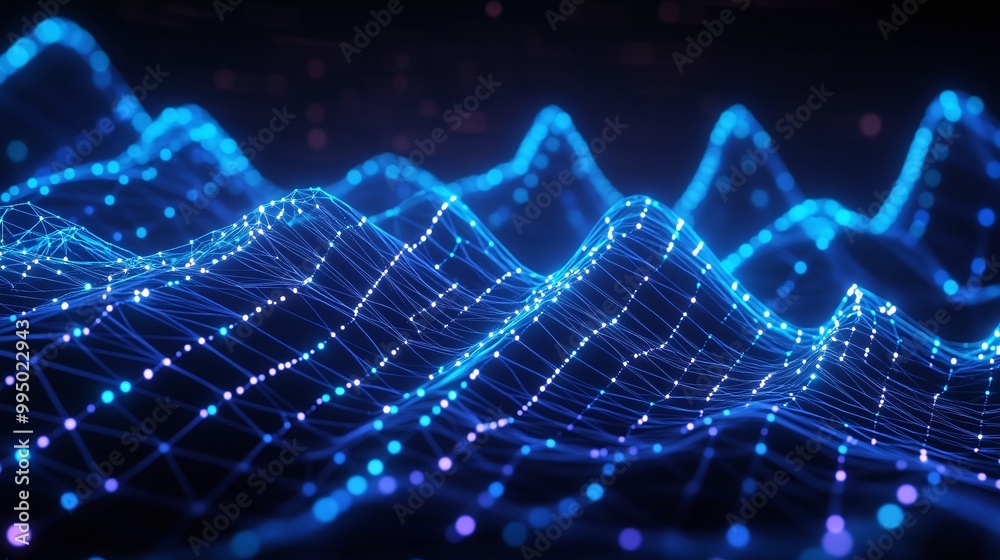 Obraz premium Abstract glowing blue waves with interconnected dots representing data and digital connectivity.