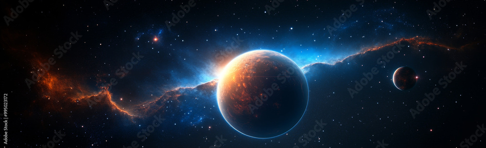 Naklejka premium A stunning cosmic scene featuring a bright nebula, a glowing planet, and a multitude of stars, symbolizing the beauty, mystery, and vastness of the universe.
