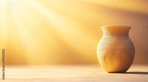 Sumerian ancient jar with temple ziggurat, bathed in golden dawn light