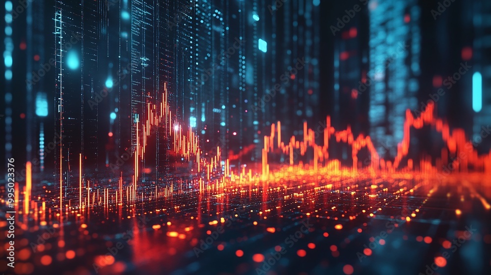 Abstract representation of data analysis with glowing lines and digital elements on a dark background.