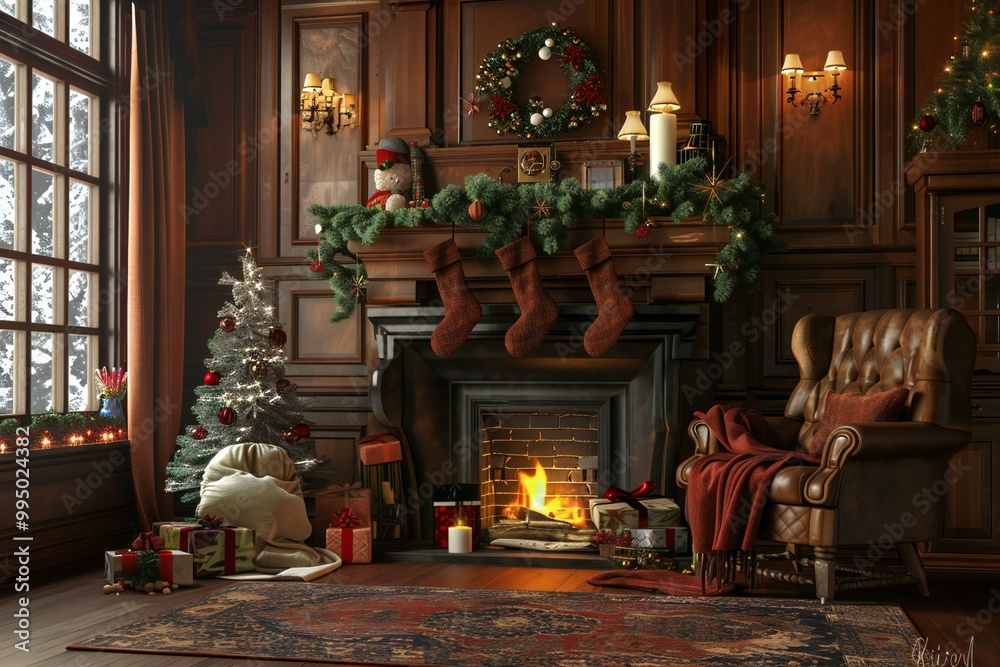 Cozy 3D render of a living room with a roaring fireplace and stockings hung with care, created by ai Cozy 3D render of a living room with a roaring fireplace and stockings hung with care, created by ai