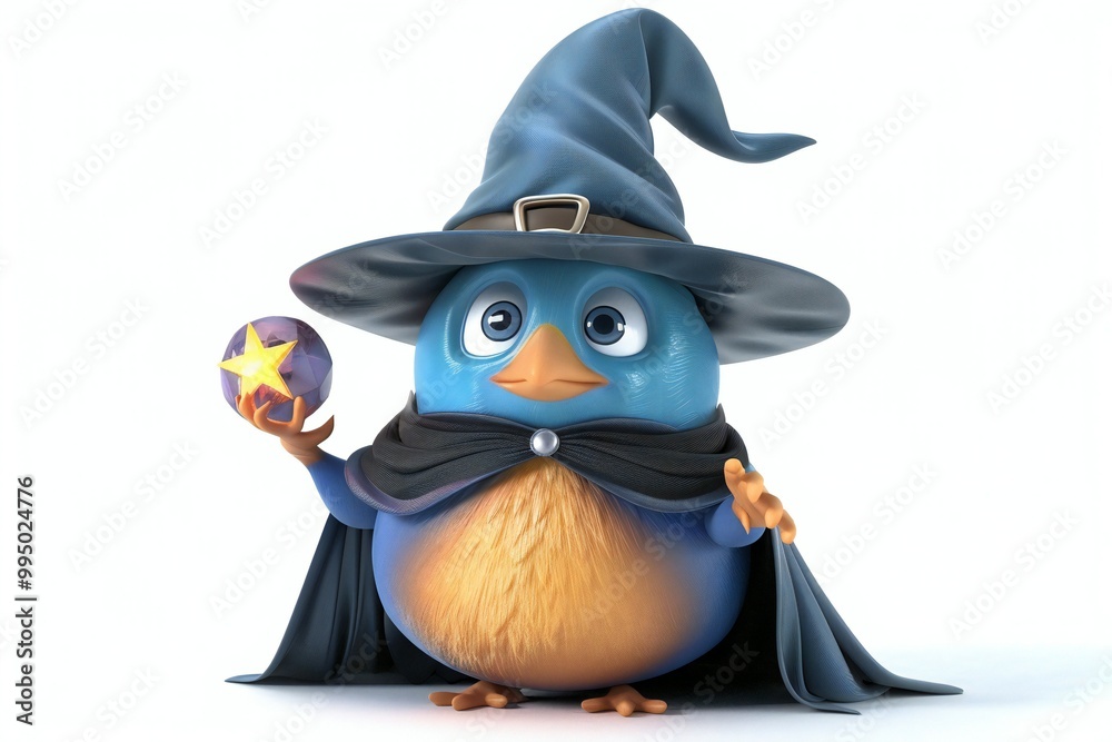 Naklejka premium Joyful 3D cartoon bird wearing a wizard hat and cape, casting a magical spell , created by ai