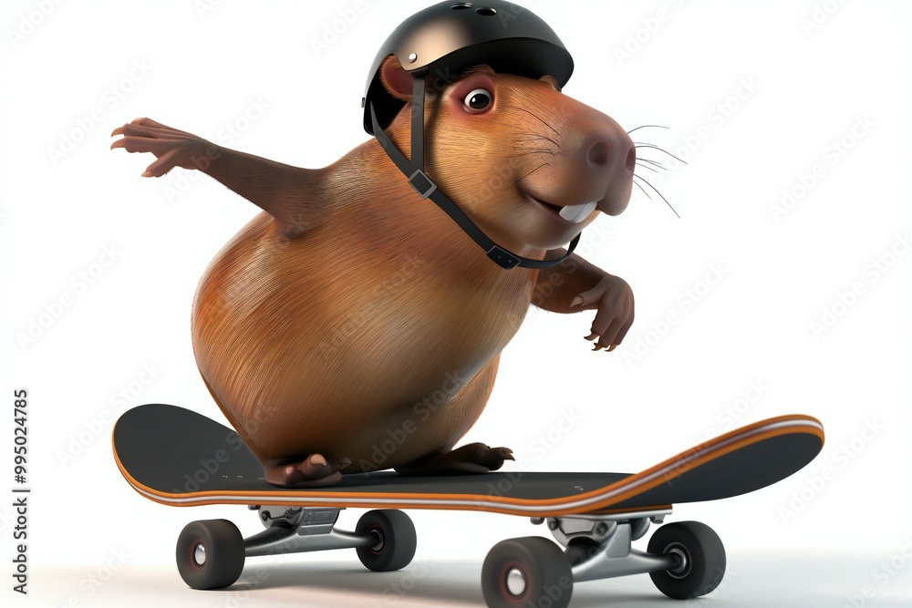 Playful 3D cartoon capybara riding a skateboard, wearing a helmet and ...