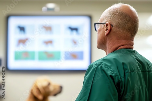 Veterinarian in green scrubs looking at a dog breed chart, with a golden retriever in the background.