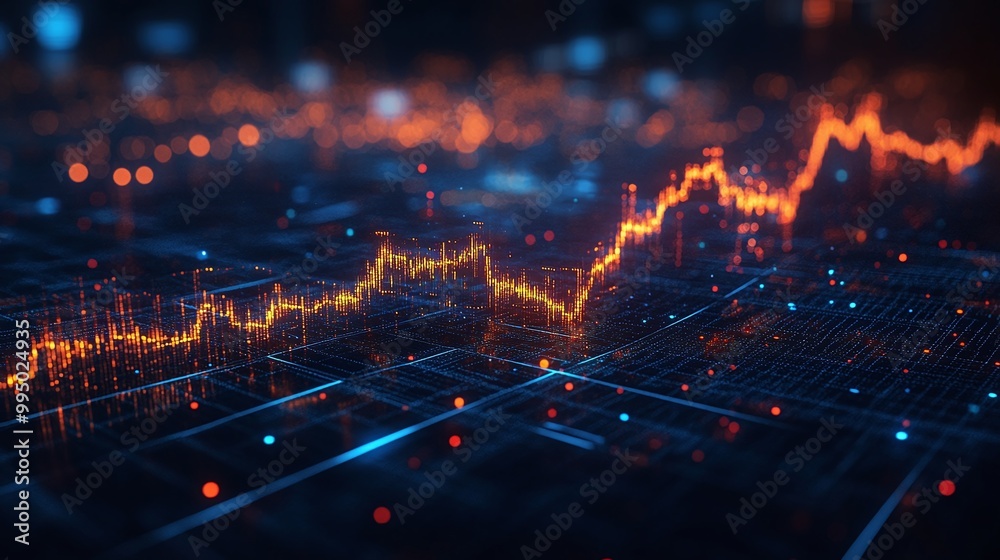 Fototapeta premium Abstract technology background with glowing data chart, representing growth and analytics in financial markets.