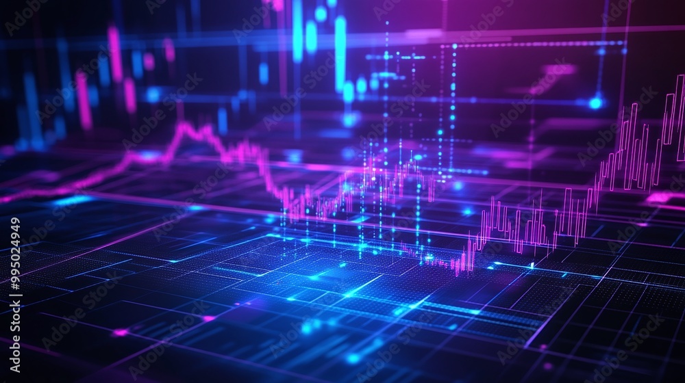 Abstract technology background with vibrant blue and pink financial graphs and data points. Abstract technology background with vibrant blue and pink financial graphs and data points.