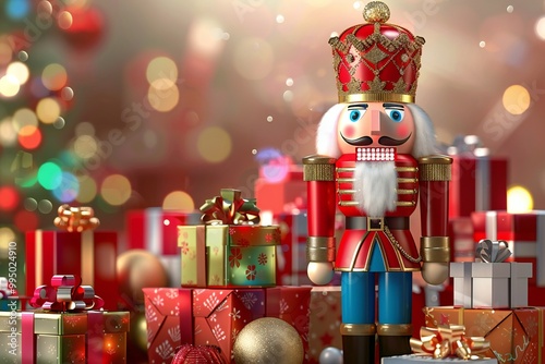 Merry 3D cartoon nutcracker soldier with a festive uniform, standing at attention beside a pile of presents, created by ai