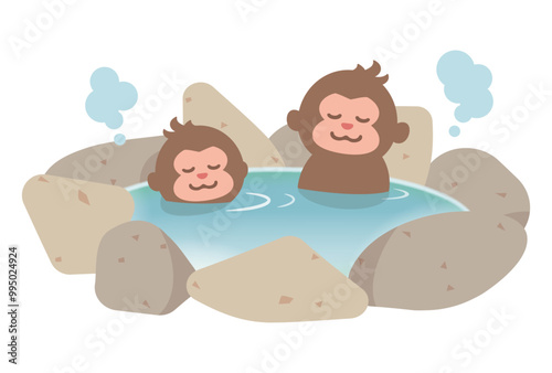 サルの親子が露天風呂に入っているイラスト