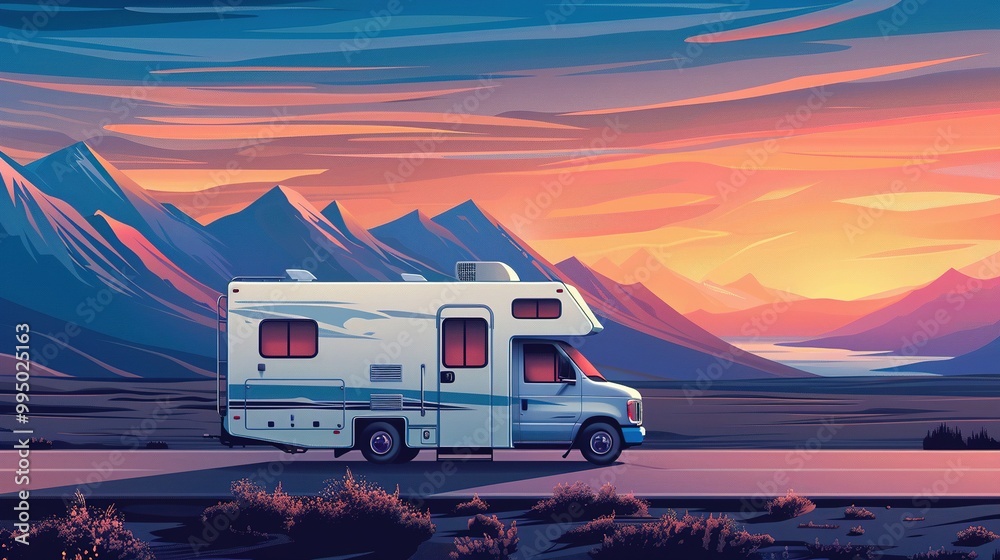 Adventure Vacation in Iceland: Tourists in Rental Camper Van by Mountains at Sunset Adventure Vacation in Iceland: Tourists in Rental Camper Van by Mountains at Sunset