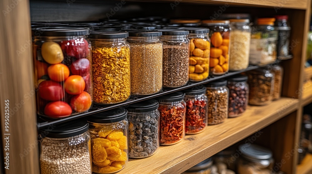 Shelves filled with jars of colorful grains and dried fruits. Shelves filled with jars of colorful grains and dried fruits.