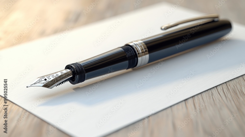 Elegant fountain pen resting on a blank sheet of paper. Elegant fountain pen resting on a blank sheet of paper.