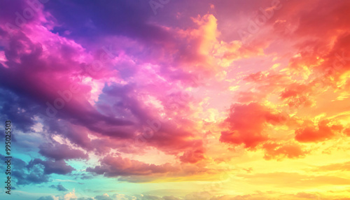 A dreamy sky transitioning from a golden sunset to a full spectrum of rainbow colors, giving off a vibrant yet calming feel