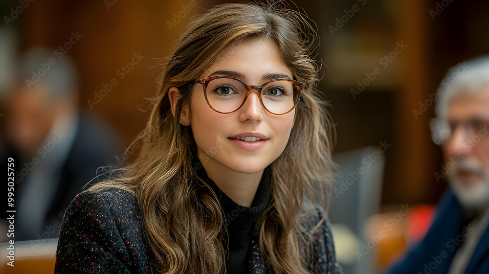 Young Woman with Glasses Smiles in Meeting Young Woman with Glasses Smiles in Meeting