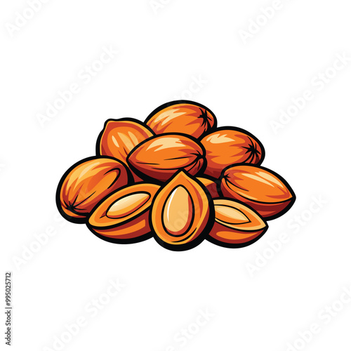 Vector illustration of a group of apricot kernels, with both whole and halved kernels.